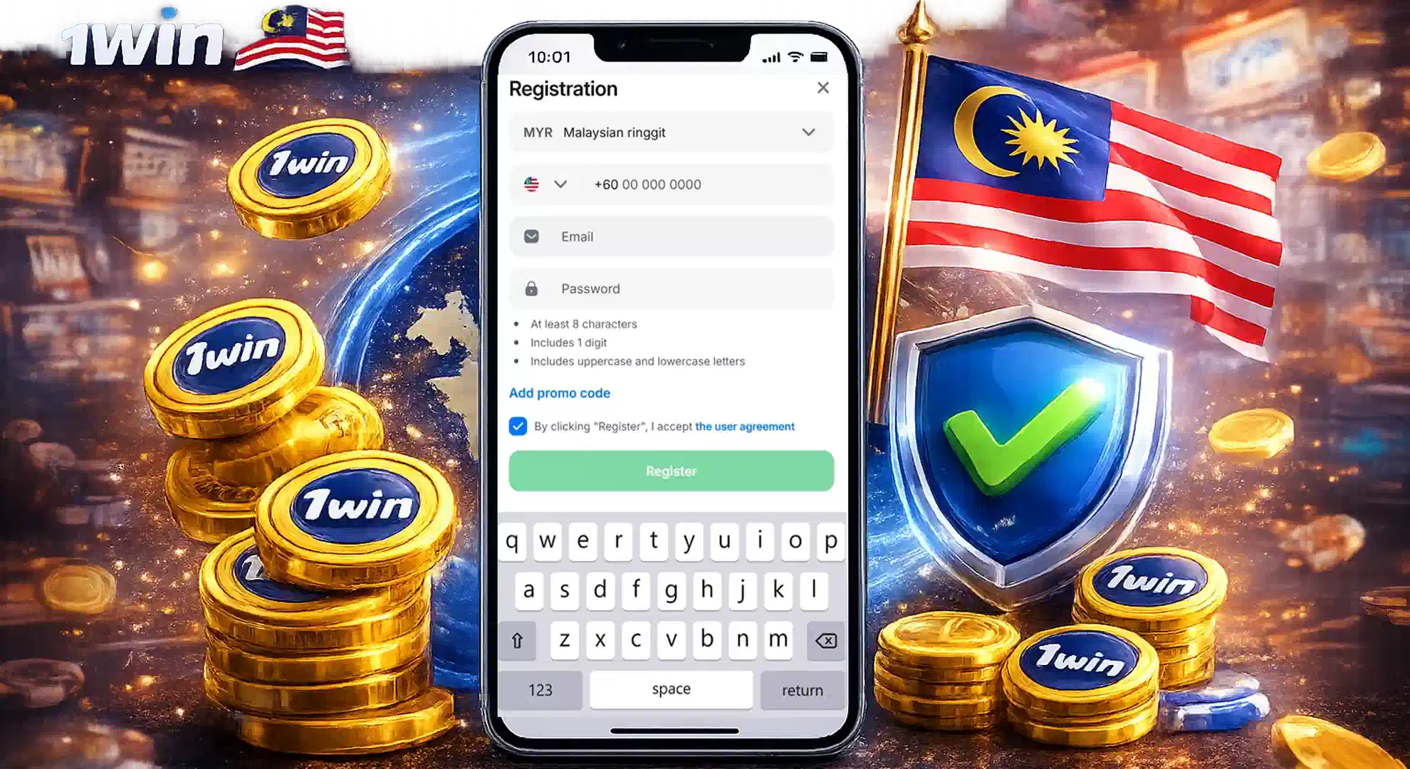 1win Malaysia registration form with community and security icons for new players