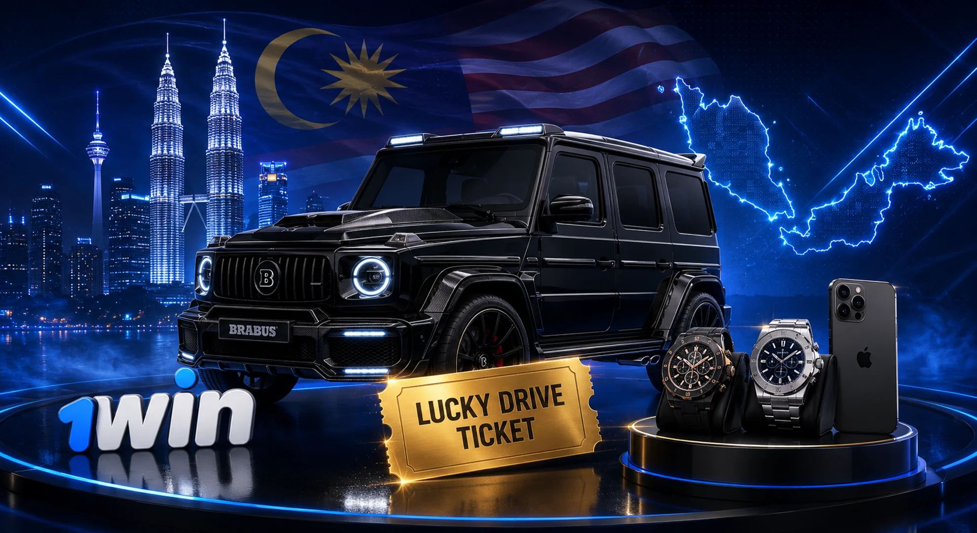 1win Lucky Drive promotional campaign luxury prizes and tickets 2026