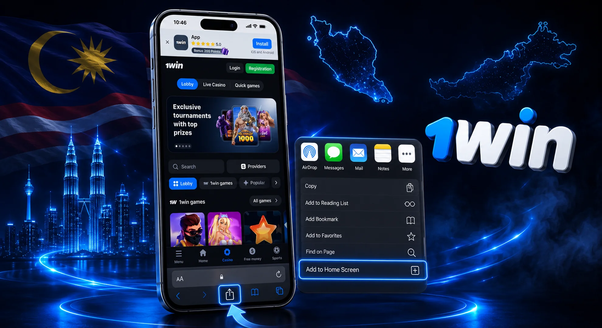 How to install 1win progressive web app PWA shortcut on iOS iPhone Malaysia
