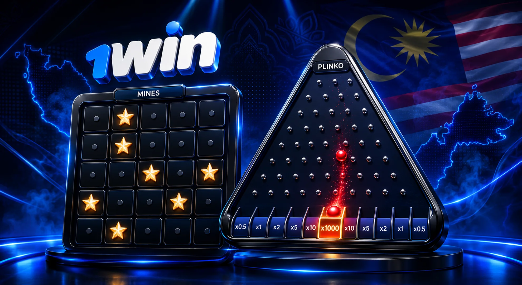 1win Mines original game 5x5 grid stars and Plinko board x1000 multiplier