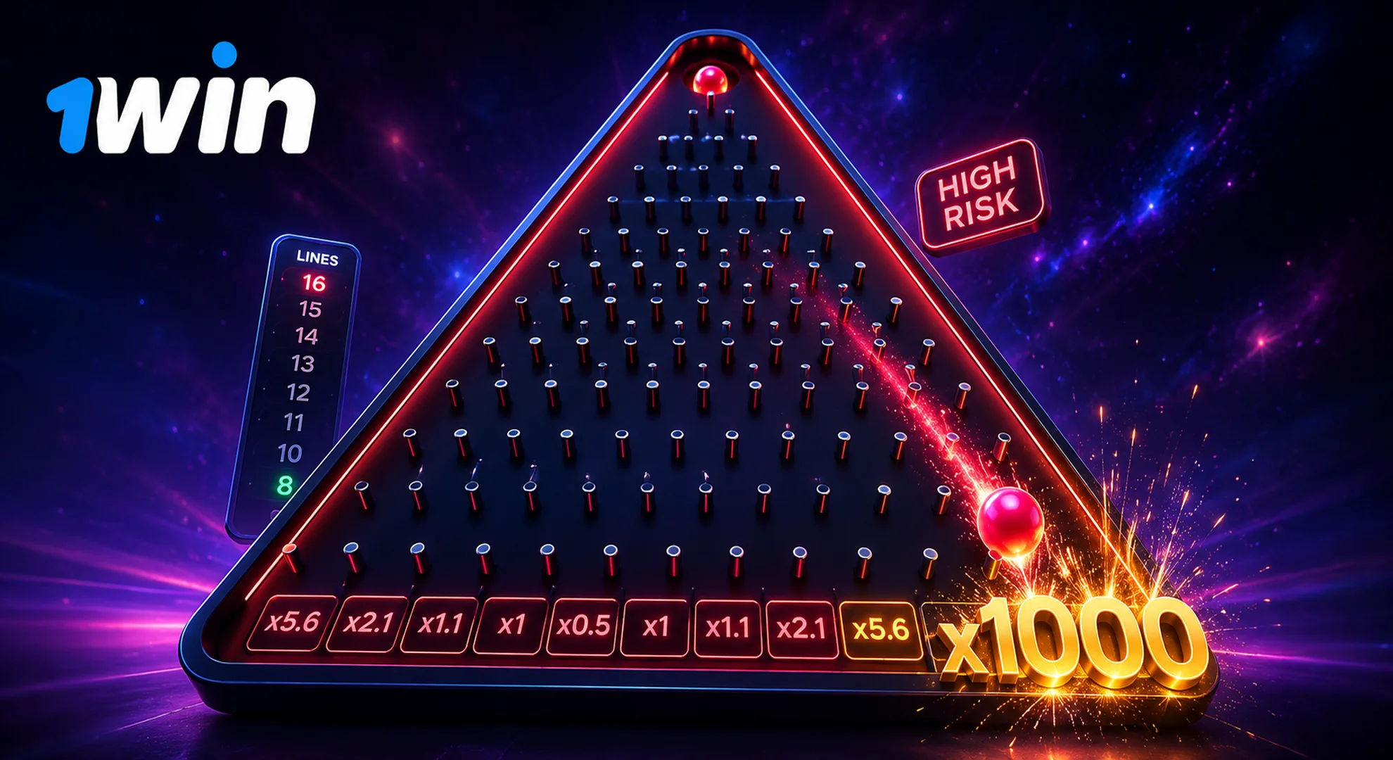 Launching balls to hit high multipliers in Plinko game 1win