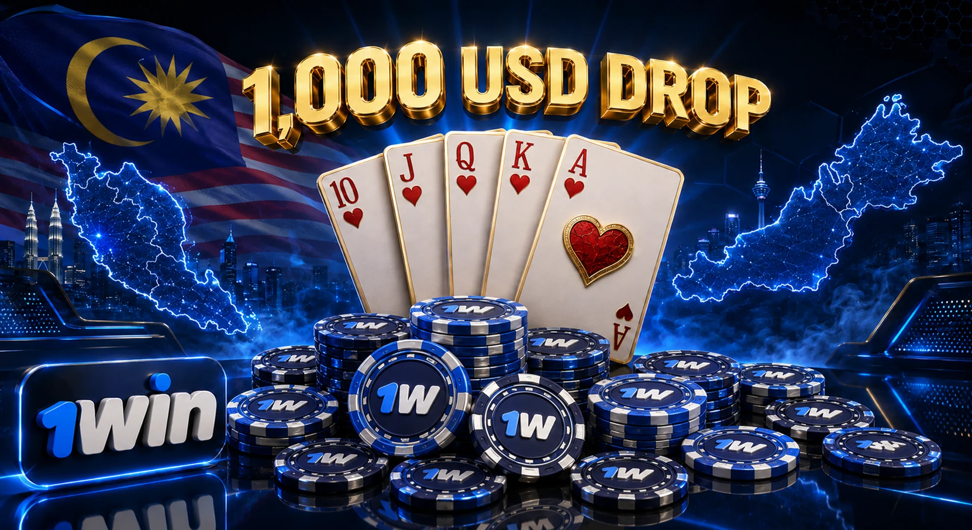 1win poker Royal Flush combination reward cash drop up to 1000 USD